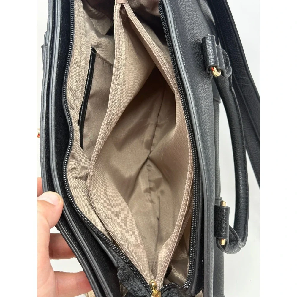 Dasein Floral Butterfly Satchel Handbag 3 Piece Set Black Gold Metallic Vegan